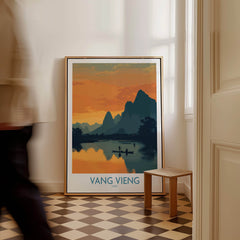 Vang Vieng Laos Canvas Print | Limestone Karst Mountain Landscape Poster displayed in a cozy interior setting.