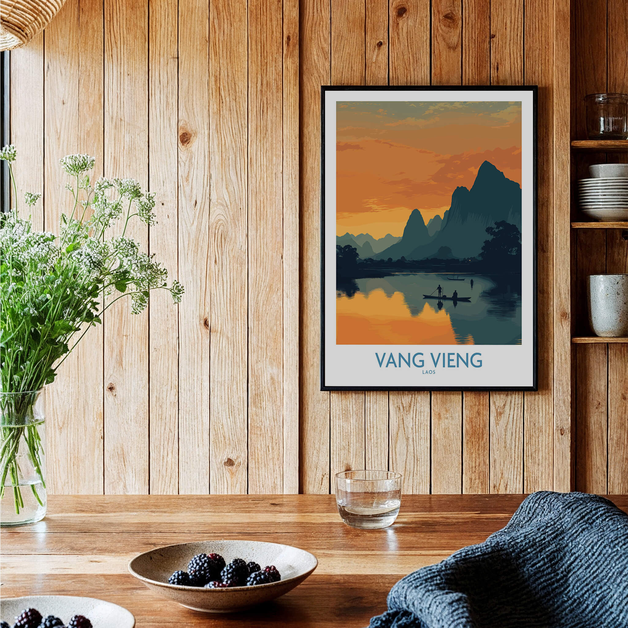 Vang Vieng Laos Canvas Print | Limestone Karst Mountain Landscape Poster in a wooden interior setting.