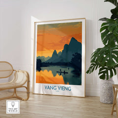 Vang Vieng Laos Canvas Print | Limestone Karst Mountain Landscape Poster showcasing vivid sunset and reflections.