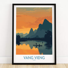 Vang Vieng Laos Canvas Print | Limestone Karst Mountain Landscape Poster featuring a serene sunset landscape.