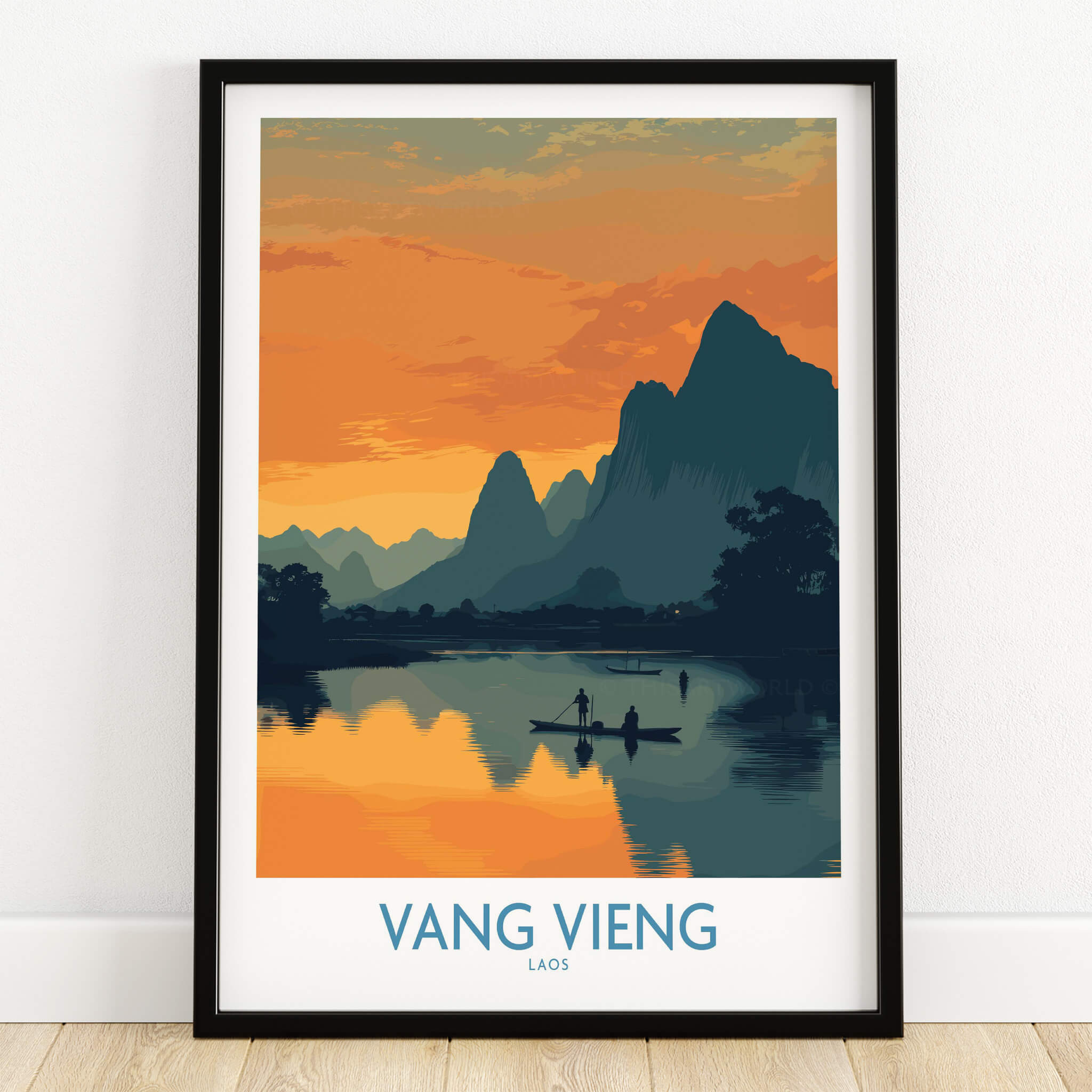Vang Vieng Laos Canvas Print | Limestone Karst Mountain Landscape Poster featuring a serene sunset landscape.