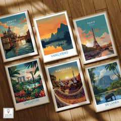 Vang Vieng Laos Canvas Print | Limestone Karst Mountain Landscape Poster displayed among other travel posters.