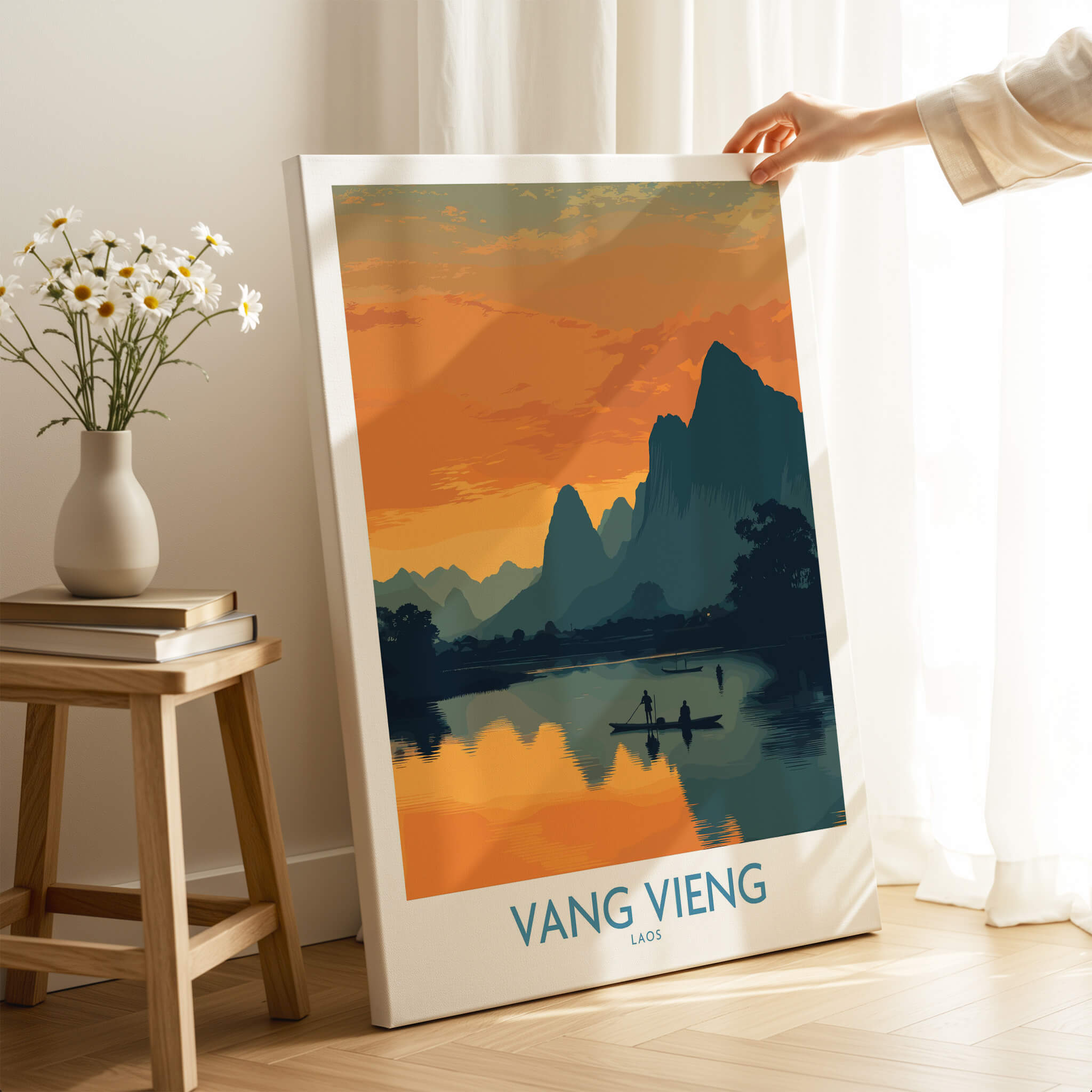 Vang Vieng Laos Canvas Print | Limestone Karst Mountain Landscape Poster on display with a sunset scene.