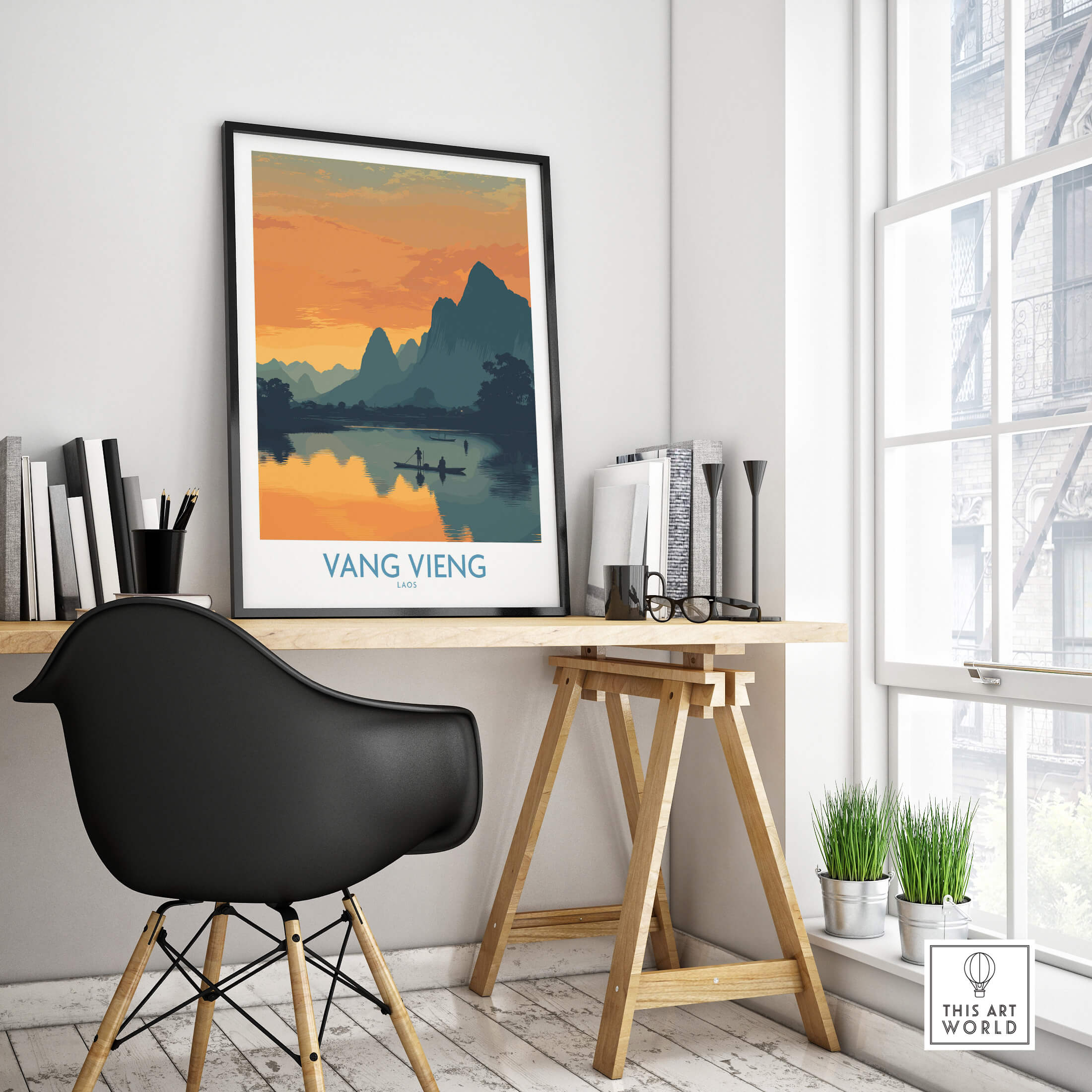 Vang Vieng Laos Canvas Print | Limestone Karst Mountain Landscape Poster in a stylish home office setting.