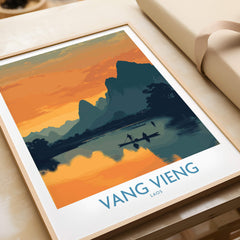 Vang Vieng Laos Canvas Print | Limestone Karst Mountain Landscape Poster featuring a vibrant sunset and serene water reflection.