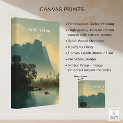 Vang Vieng Laos Travel Poster | Nam Song River Boat Scene Wall Art Print depicting serene river life in Vang Vieng.