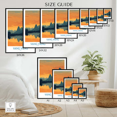 Vang Vieng Laos Canvas Print | Limestone Karst Mountain Landscape Poster size guide in various dimensions.