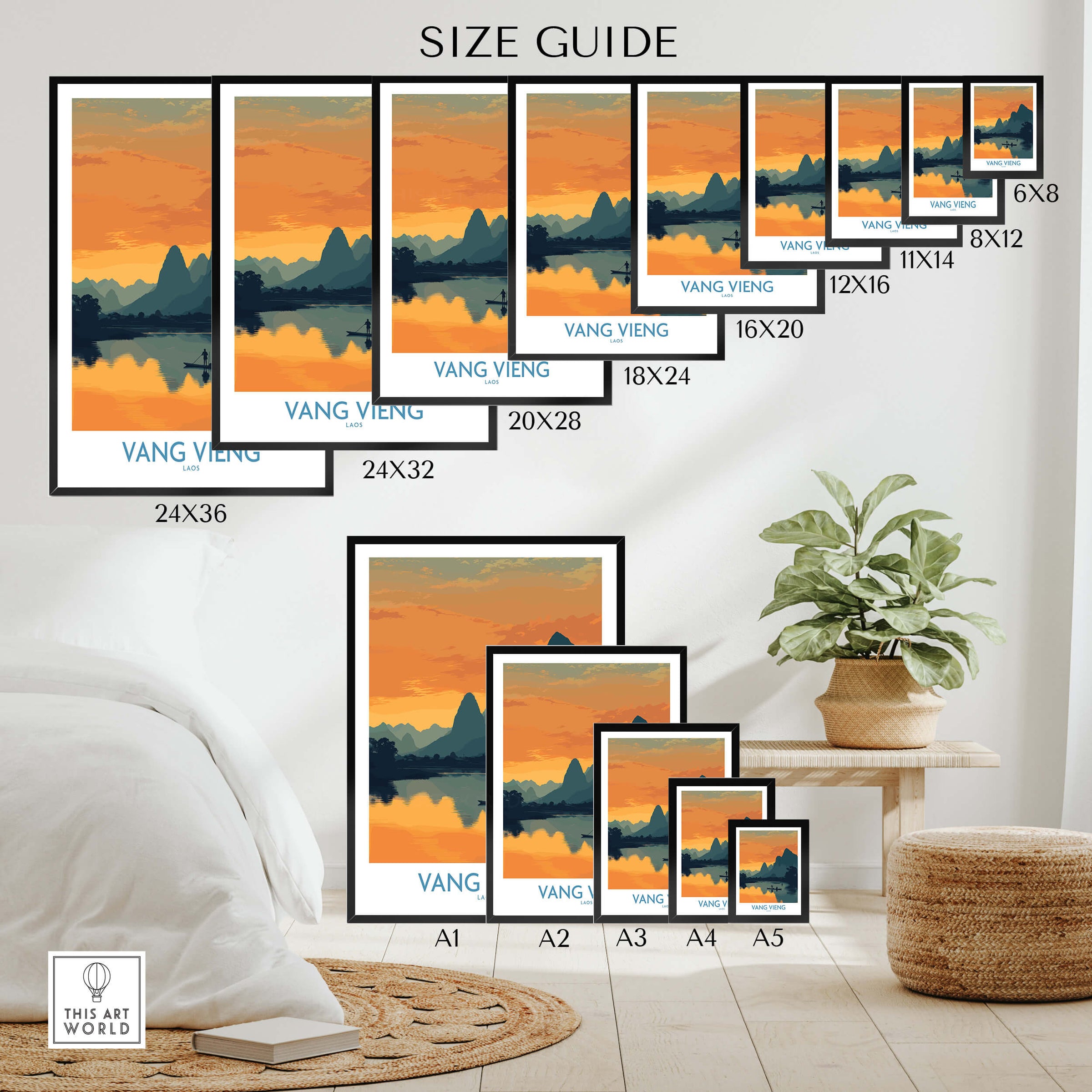 Vang Vieng Laos Canvas Print | Limestone Karst Mountain Landscape Poster size guide in various dimensions.