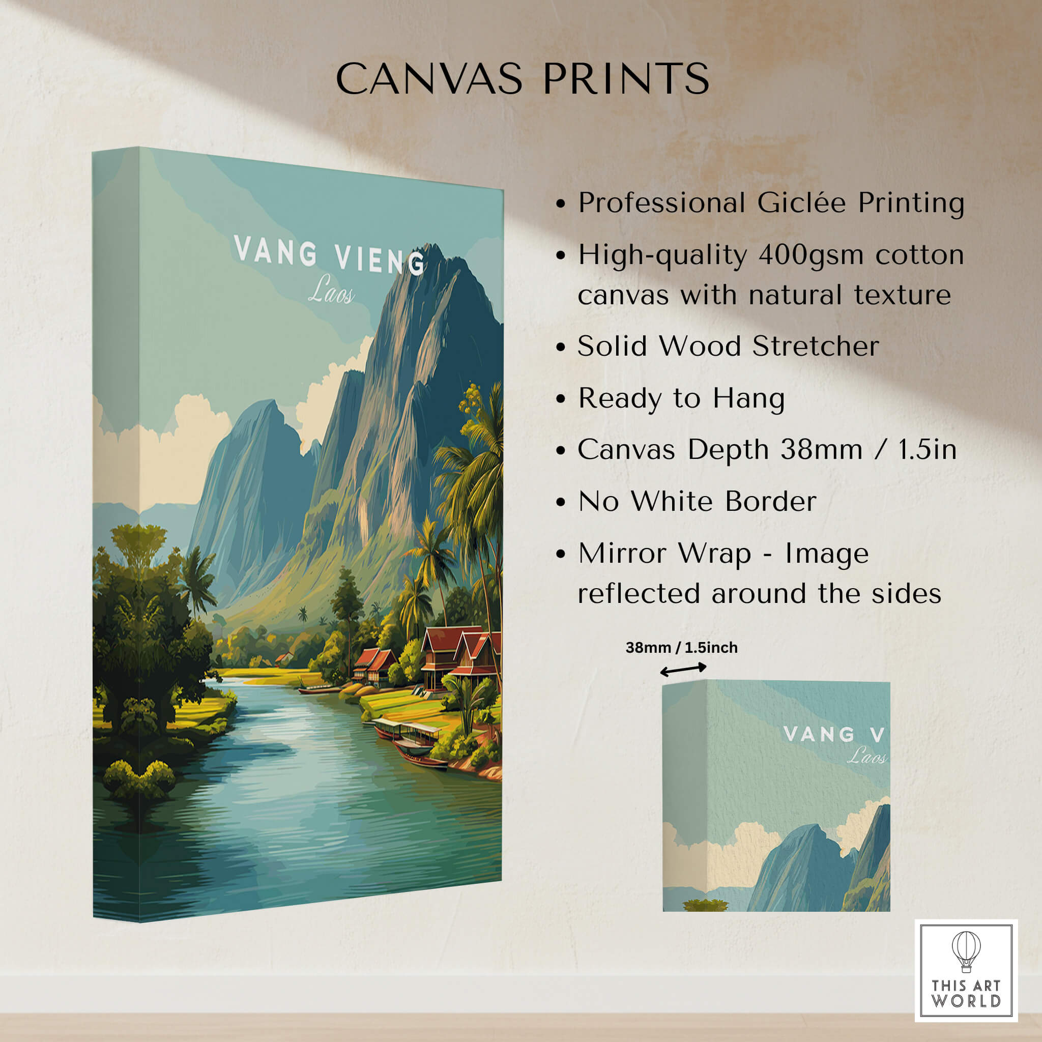 Vang Vieng Laos Wall Art Print | Tropical River Valley Travel Poster on display with natural textures and mirror wrap.