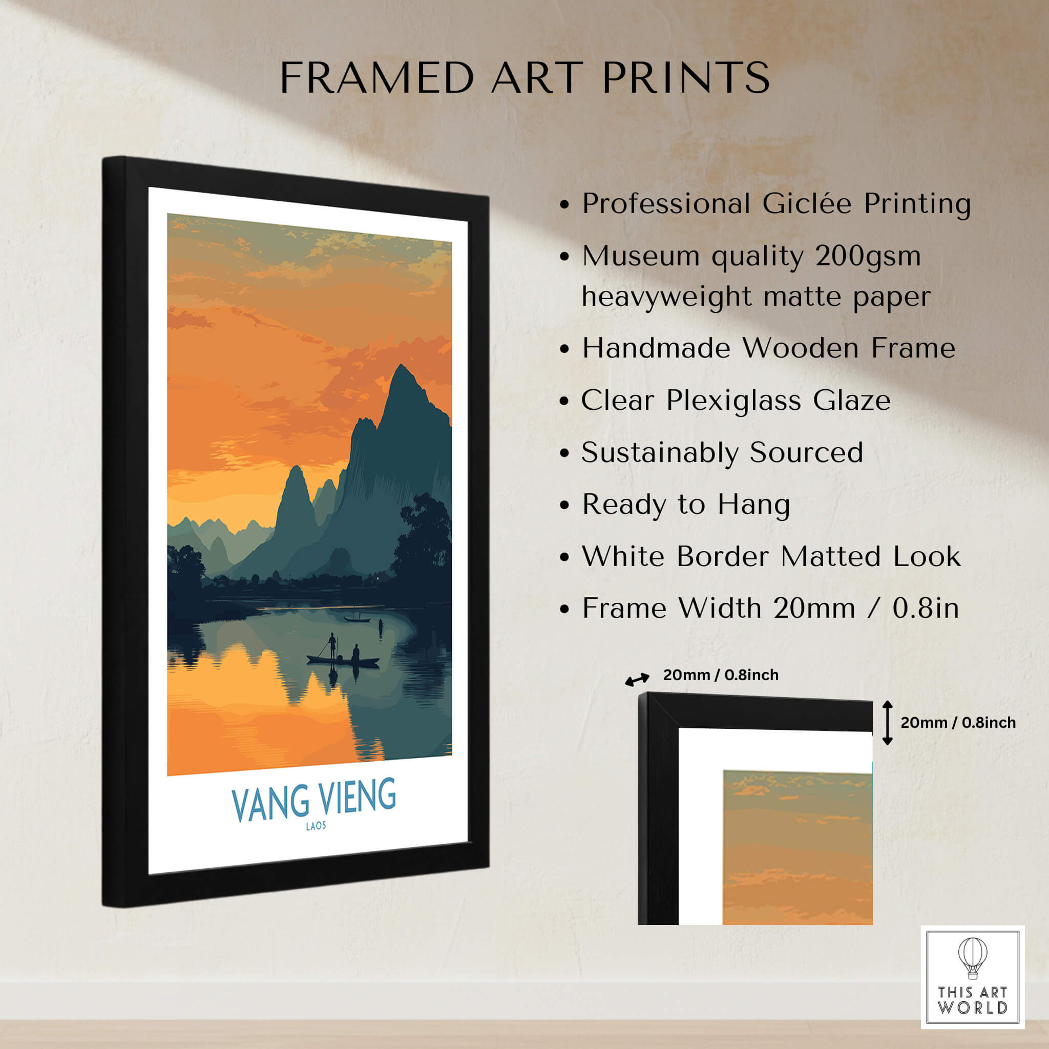 Vang Vieng Laos Canvas Print | Limestone Karst Mountain Landscape Poster framed art print with lake and mountains.