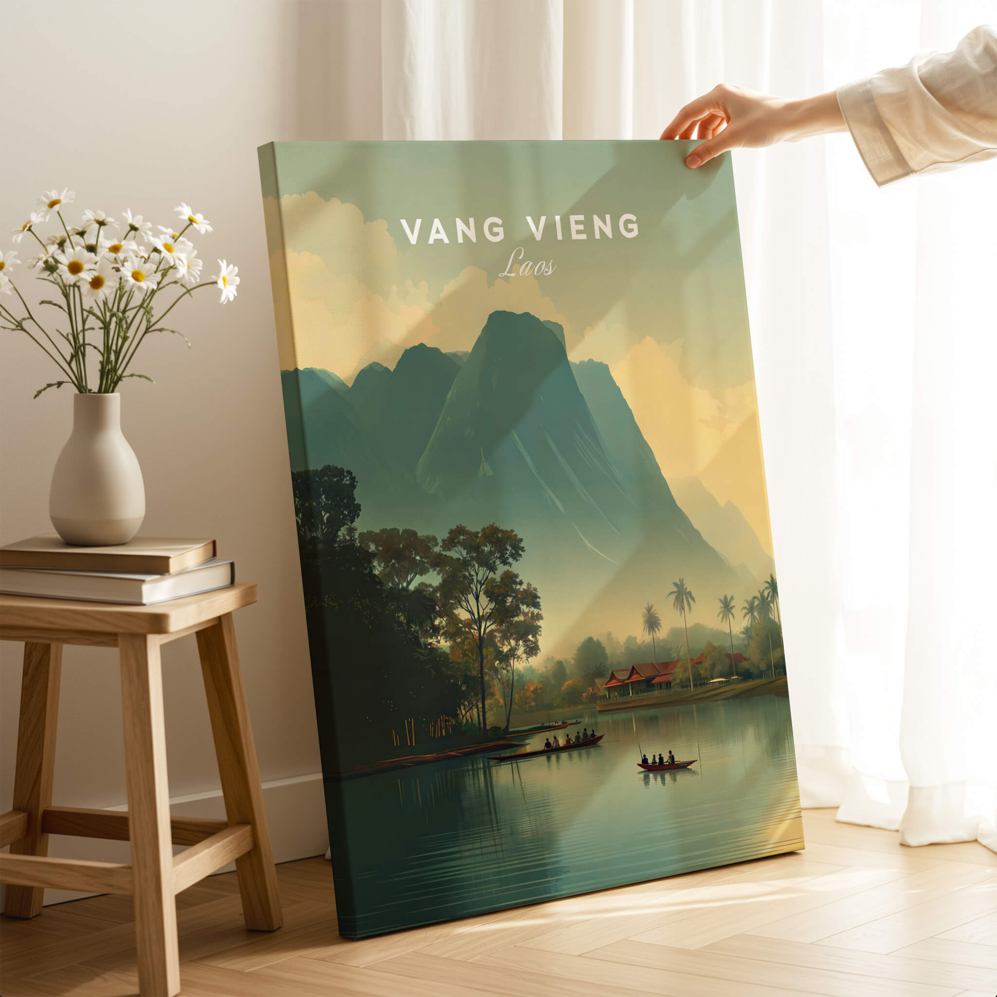 Vang Vieng Laos Travel Poster | Nam Song River Boat Scene Wall Art Print displayed in a cozy home setting.