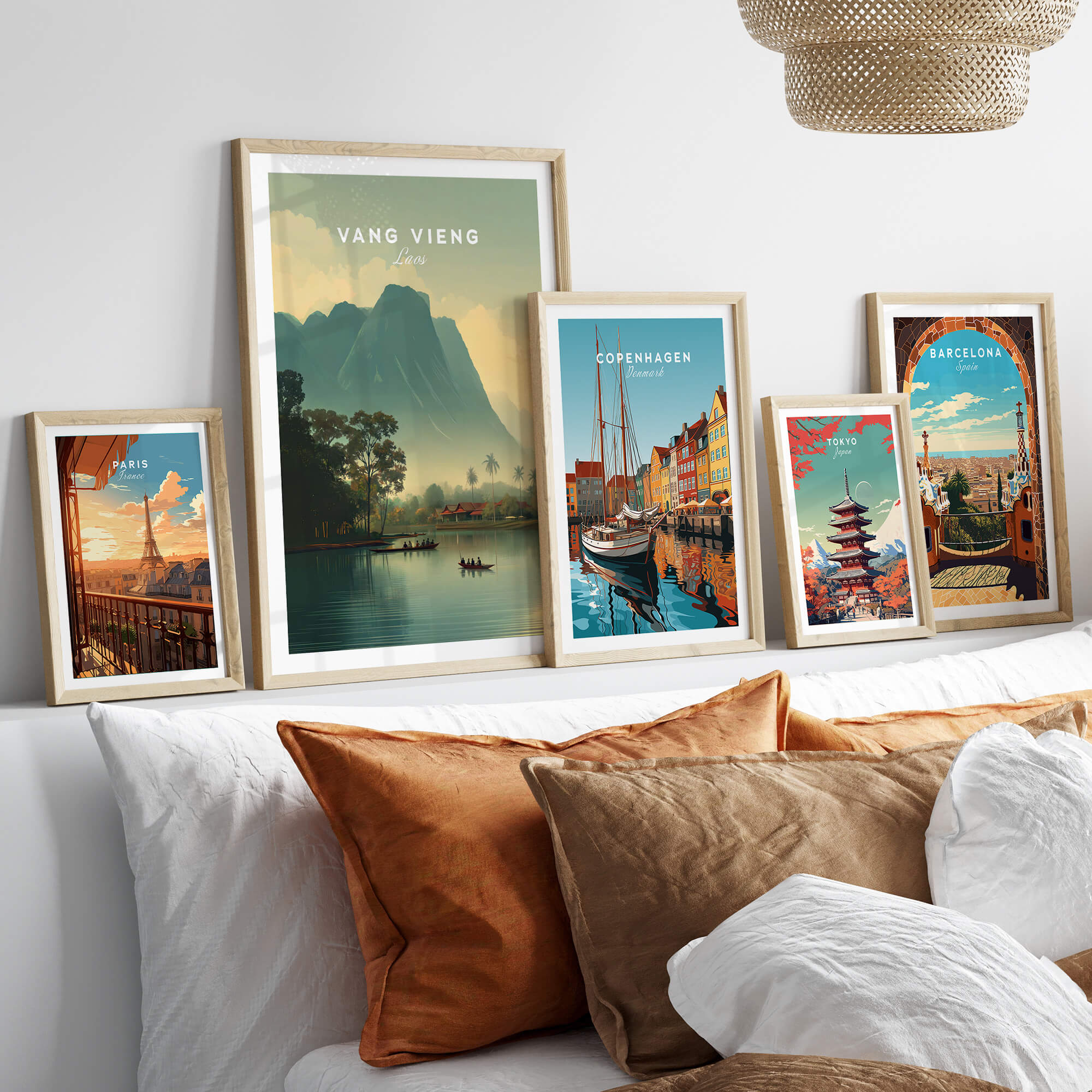 Vang Vieng Laos Travel Poster | Nam Song River Boat Scene Wall Art Print displayed among other travel posters.