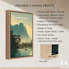 Vang Vieng Laos Travel Poster | Nam Song River Boat Scene Wall Art Print framed canvas print features superior float frame.