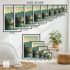 Vang Vieng Laos Travel Poster | Nam Song River Boat Scene Wall Art Print size guide with various frame dimensions.
