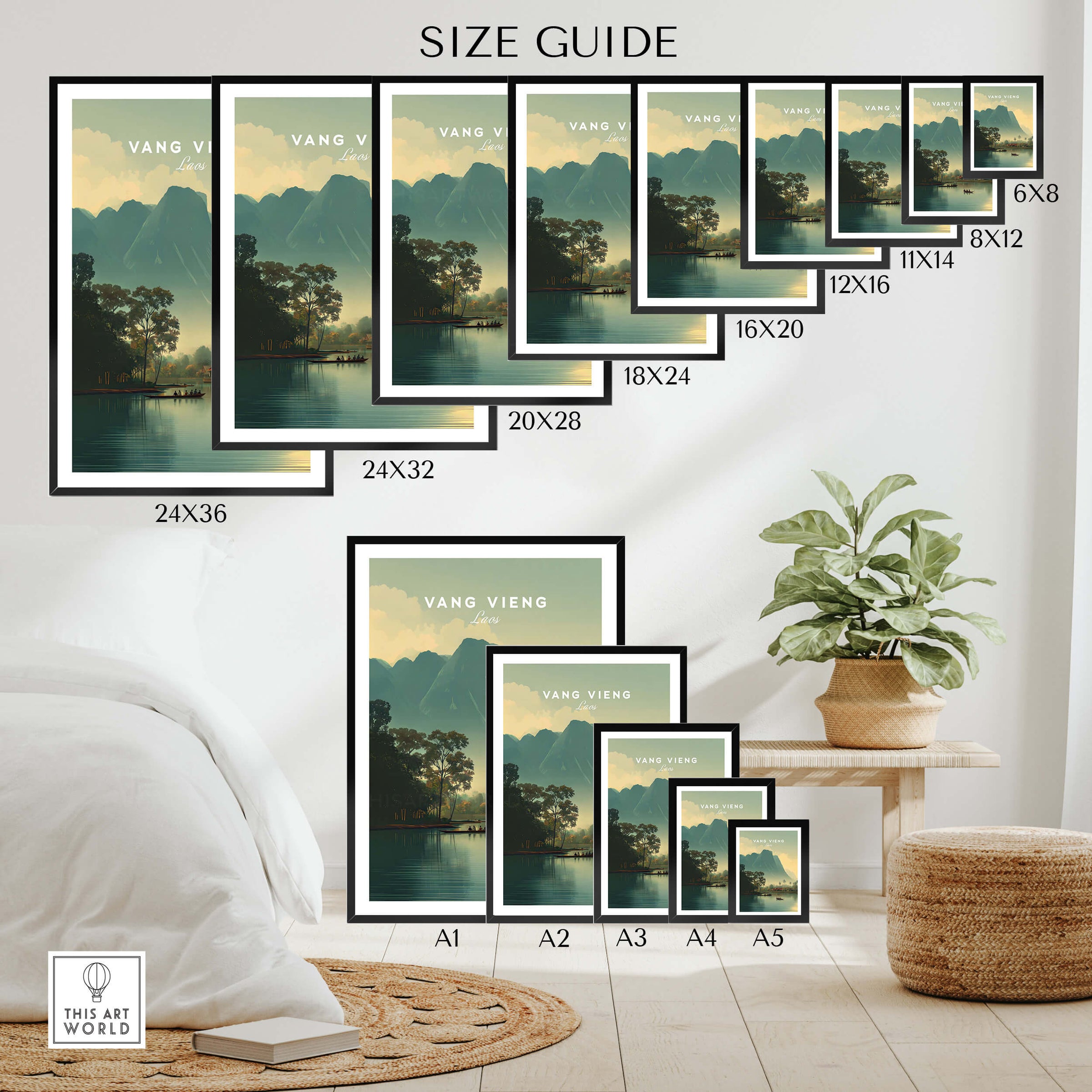 Vang Vieng Laos Travel Poster | Nam Song River Boat Scene Wall Art Print size guide with various frame dimensions.