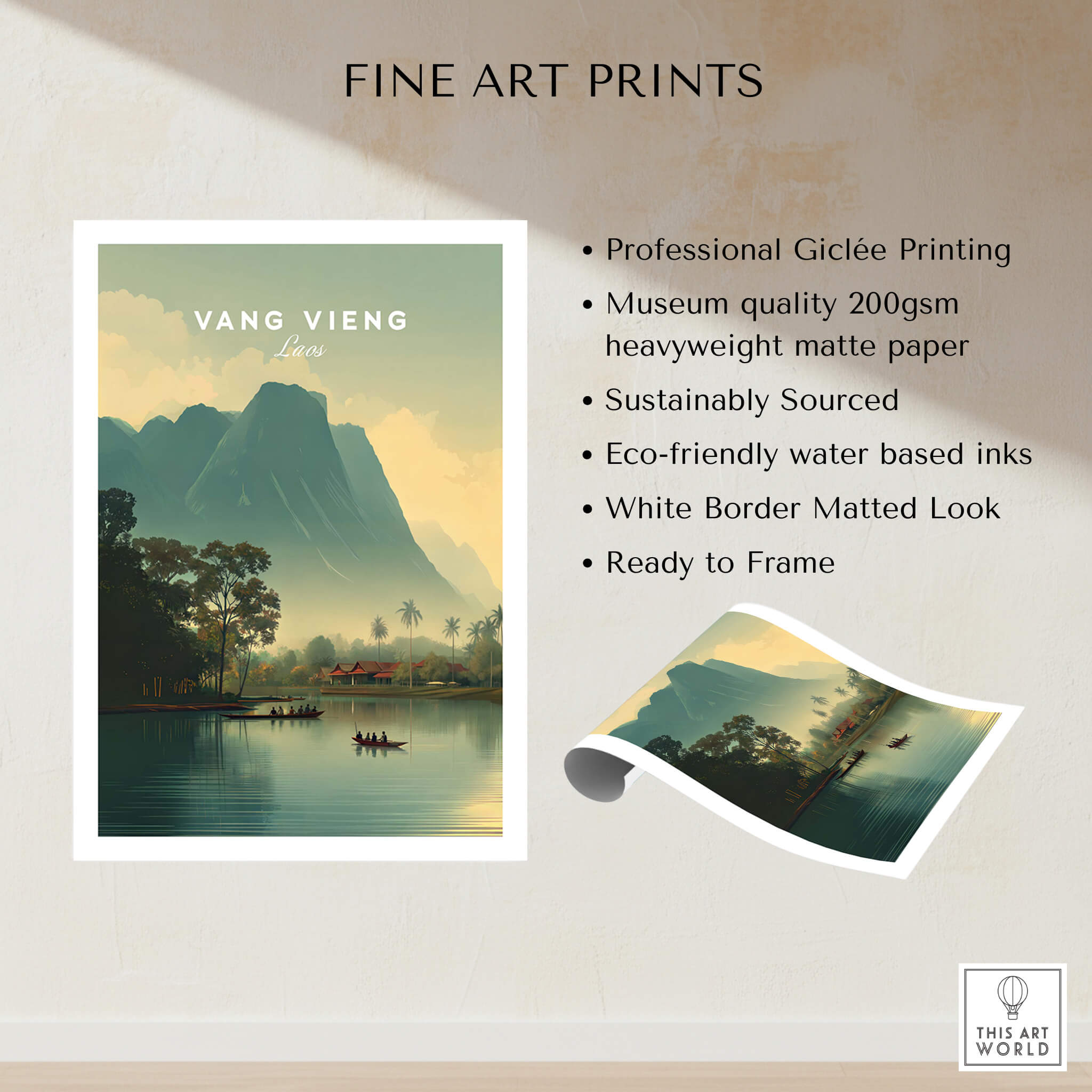 Vang Vieng Laos Travel Poster | Nam Song River Boat Scene Wall Art Print showcasing professional Giclée printing and eco-friendly inks.