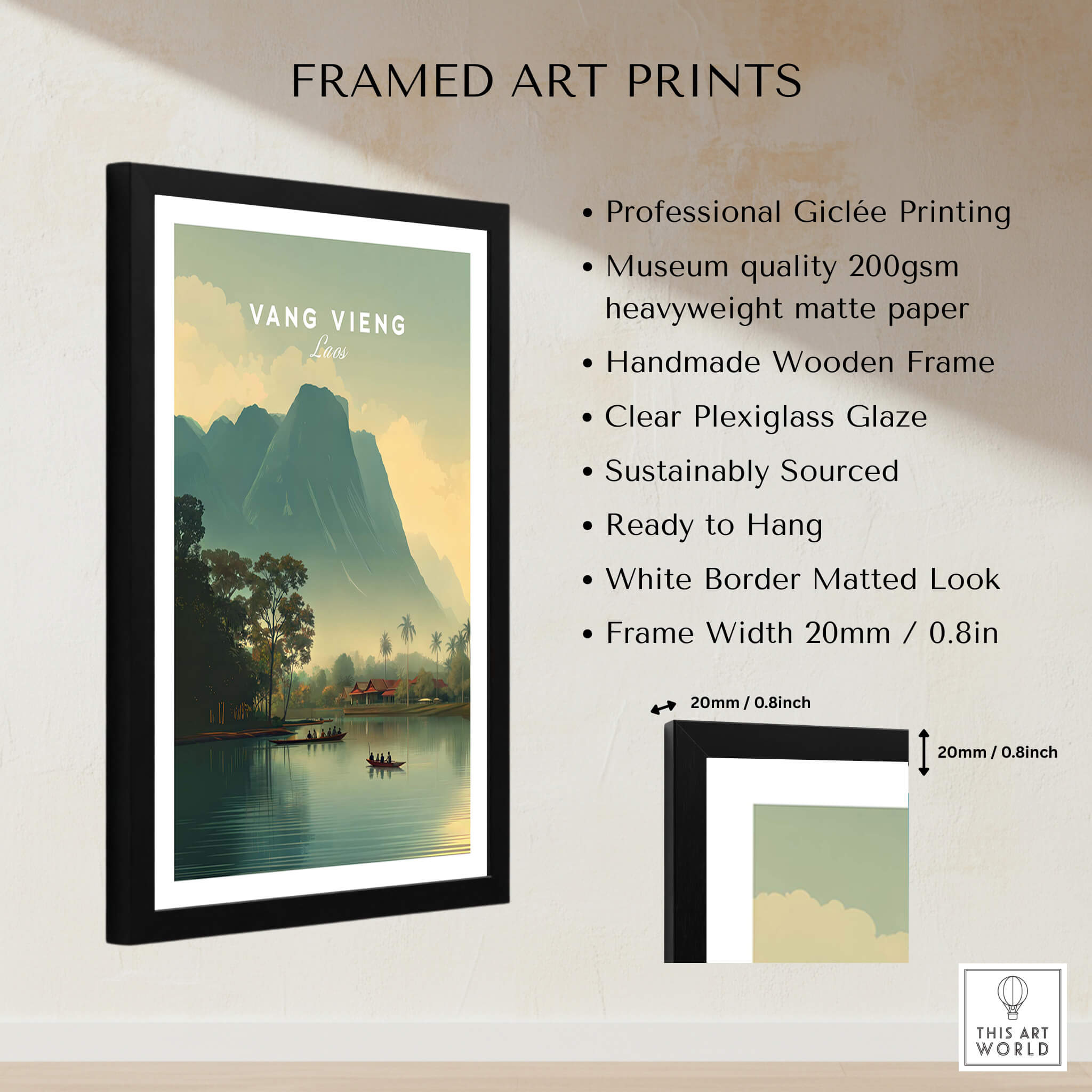Vang Vieng Laos Travel Poster | Nam Song River Boat Scene Wall Art Print framed with a black frame and clear plexiglass.