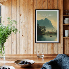 Vang Vieng Laos Travel Poster | Nam Song River Boat Scene Wall Art Print displayed in an indoor setting.