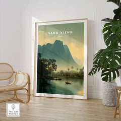 Vang Vieng Laos Travel Poster | Nam Song River Boat Scene Wall Art Print featuring boats and limestone cliffs.
