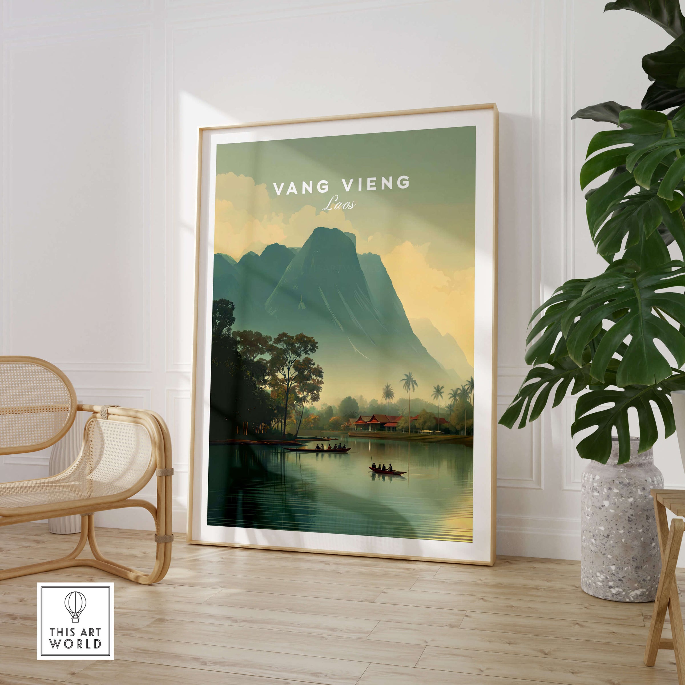 Vang Vieng Laos Travel Poster | Nam Song River Boat Scene Wall Art Print featuring boats and limestone cliffs.