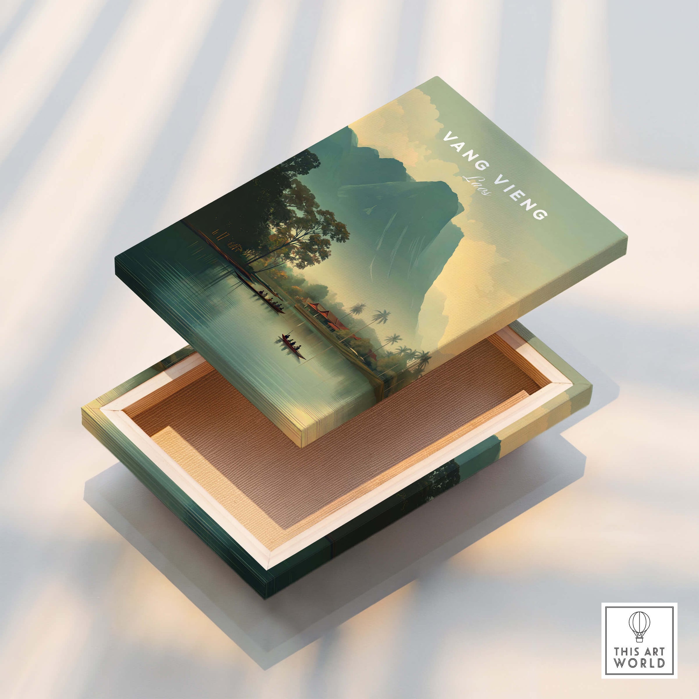 Vang Vieng Laos Travel Poster | Nam Song River Boat Scene Wall Art Print