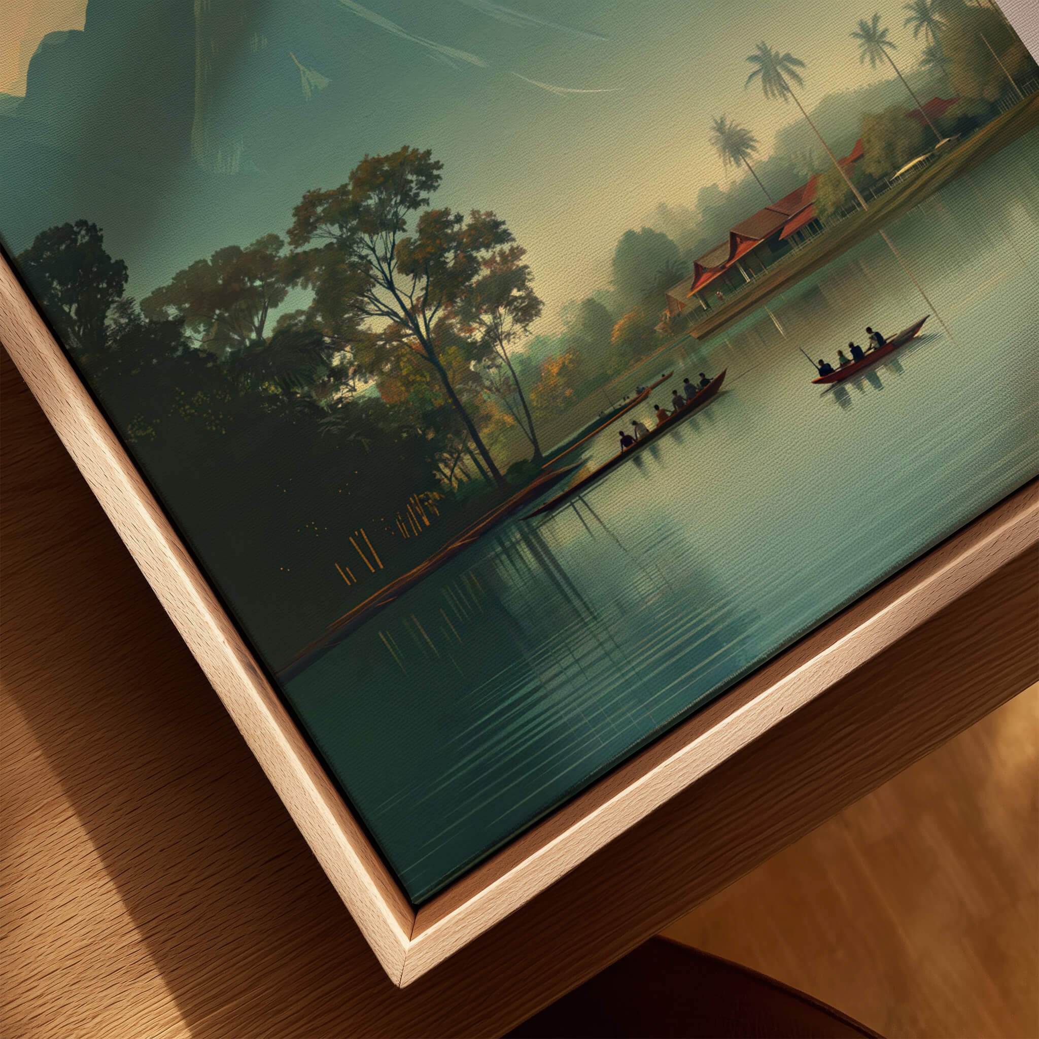 Vang Vieng Laos Travel Poster | Nam Song River Boat Scene Wall Art Print featuring boats on the serene Nam Song River.