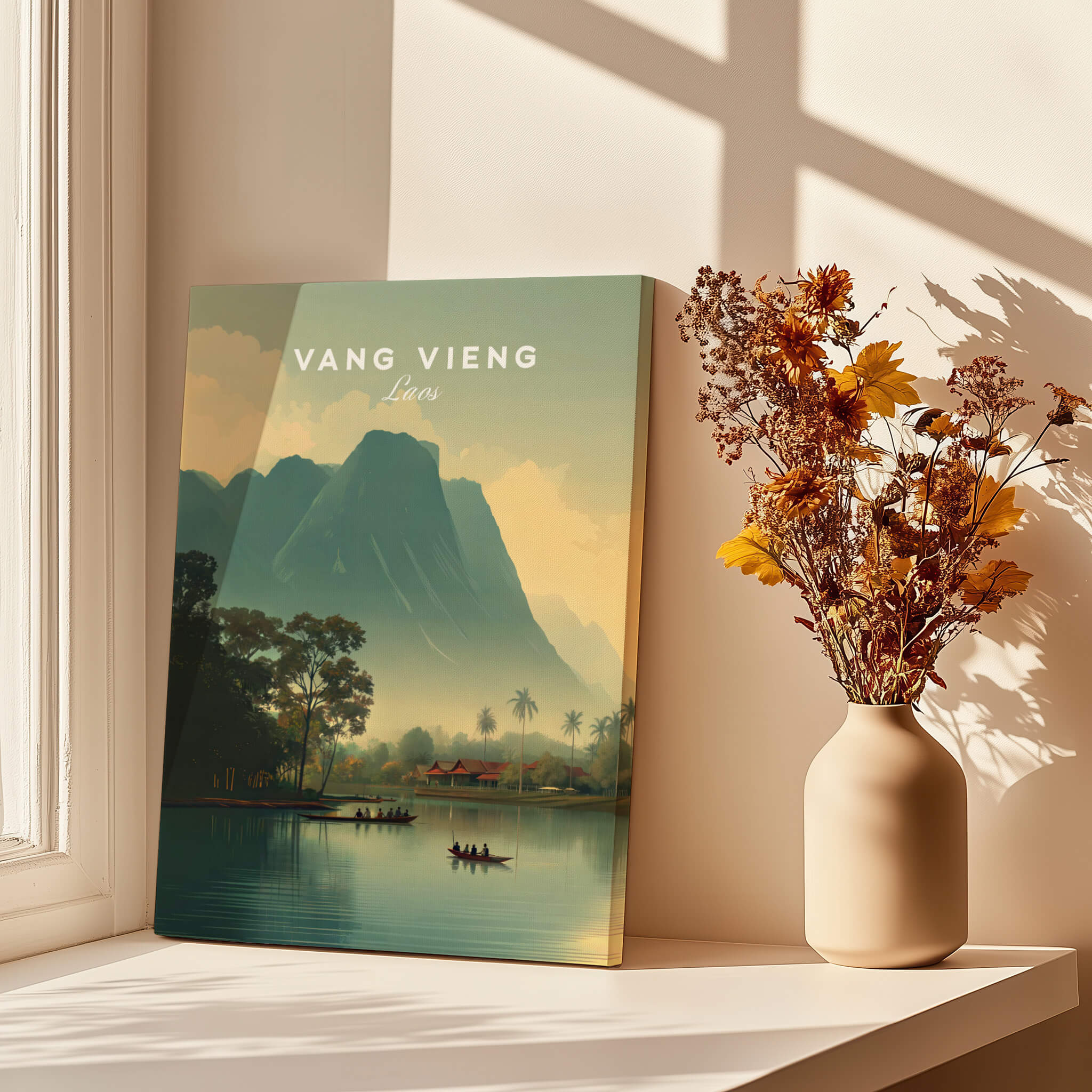 Vang Vieng Laos Travel Poster | Nam Song River Boat Scene Wall Art Print