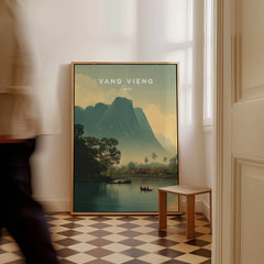 Vang Vieng Laos Travel Poster | Nam Song River Boat Scene Wall Art Print showcasing stunning limestone cliffs.