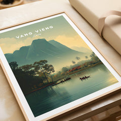 Vang Vieng Laos Travel Poster | Nam Song River Boat Scene Wall Art Print featuring scenic river boats and limestone cliffs.