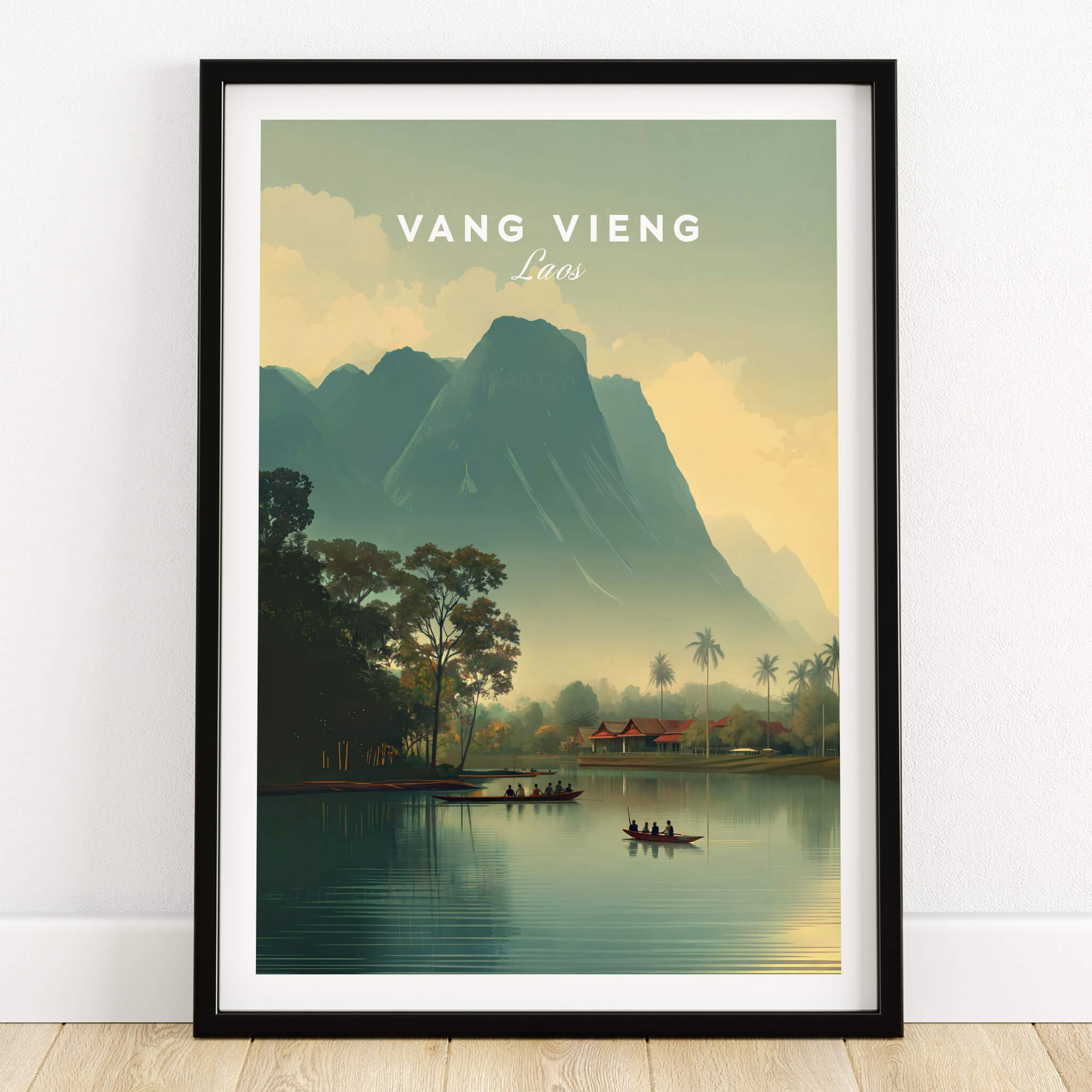 Vang Vieng Laos Travel Poster | Nam Song River Boat Scene Wall Art Print featuring boats on a tranquil river with mountains.