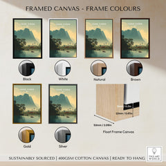 Framed canvas options for Vang Vieng Laos Travel Poster | Nam Song River Boat Scene Wall Art Print in various colors