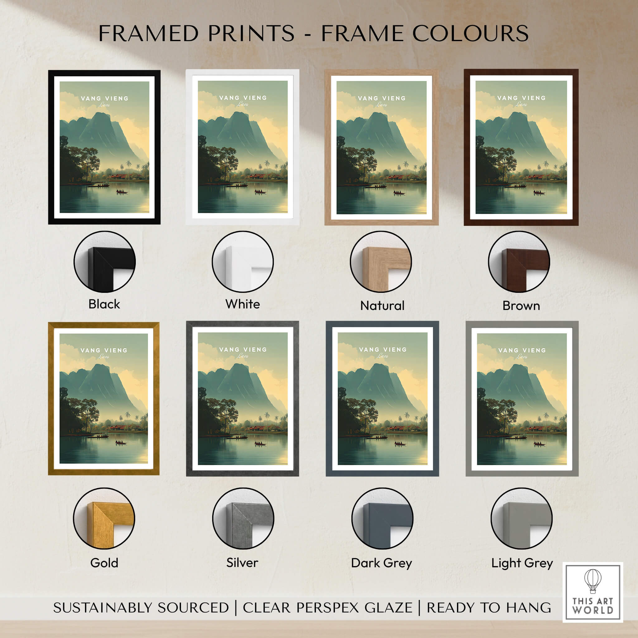 Framed Vang Vieng Laos Travel Poster | Nam Song River Boat Scene Wall Art Print in various frame colors including black, white, natural, and brown.