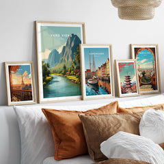 Vang Vieng Laos Wall Art Print | Tropical River Valley Travel Poster displayed on a stylish home interior.