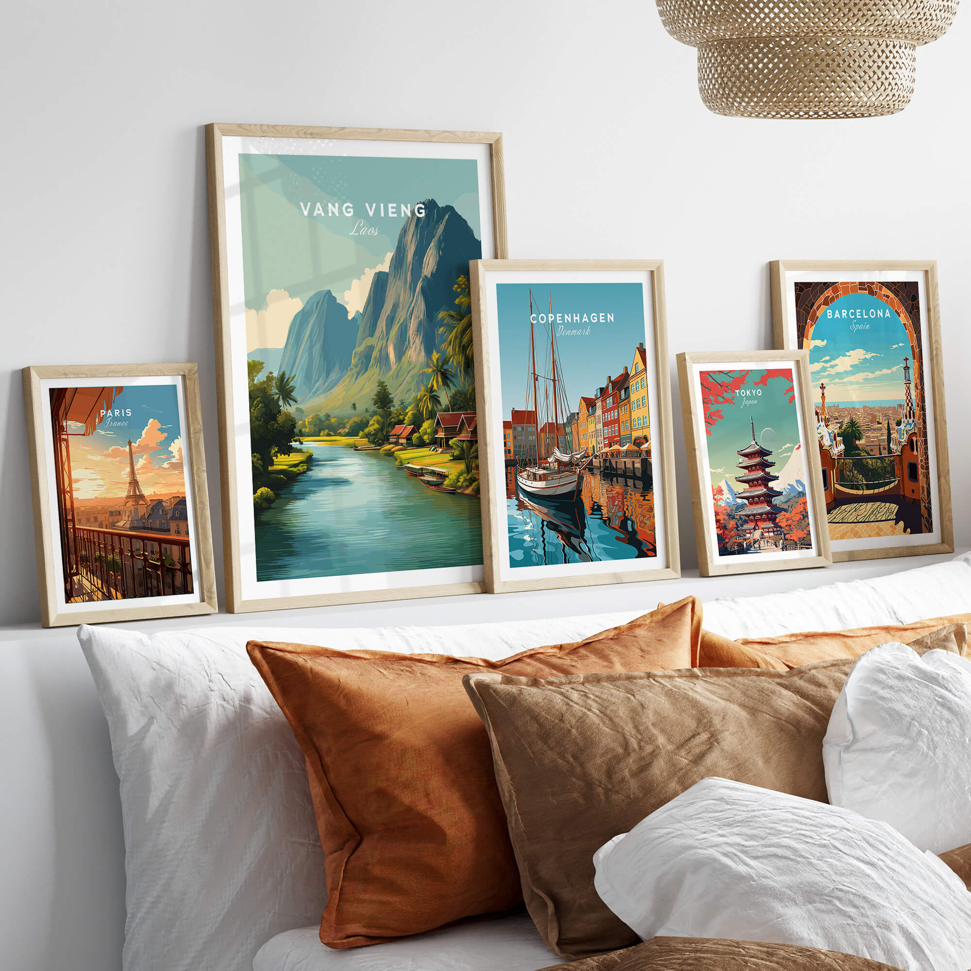 Vang Vieng Laos Wall Art Print | Tropical River Valley Travel Poster displayed on a stylish home interior.