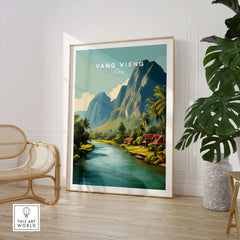 Vang Vieng Laos Wall Art Print | Tropical River Valley Travel Poster featuring a scenic landscape with mountains and a river.