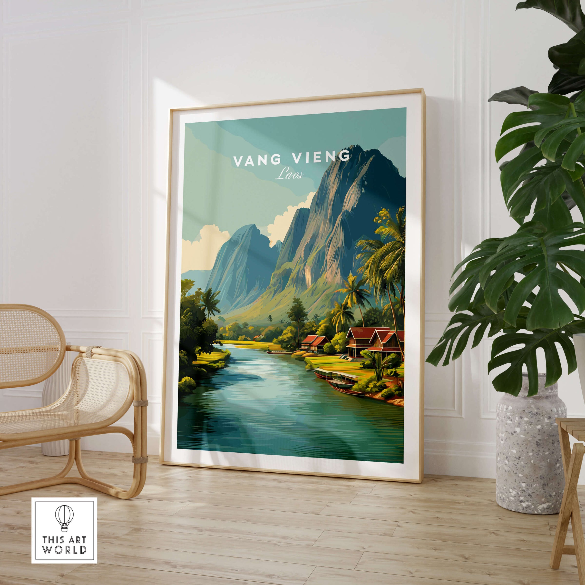 Vang Vieng Laos Wall Art Print | Tropical River Valley Travel Poster featuring a scenic landscape with mountains and a river.