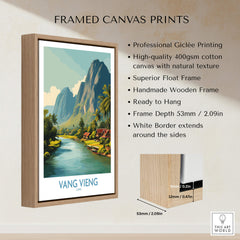 Framed canvas print of Vang Vieng Poster | Laos Village Canvas Print showcasing a serene riverside scene.