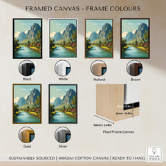 Vang Vieng Laos Wall Art Print | Tropical River Valley Travel Poster framed canvas options in various colors.