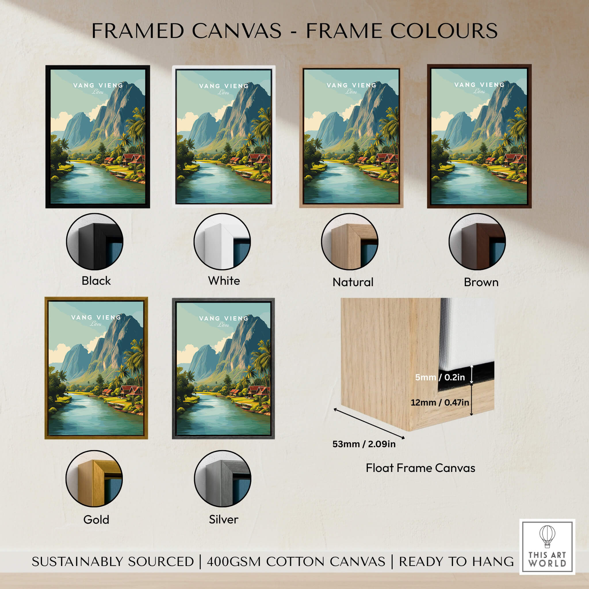 Vang Vieng Laos Wall Art Print | Tropical River Valley Travel Poster framed canvas options in various colors.