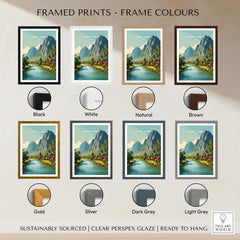 Vang Vieng Laos Wall Art Print | Tropical River Valley Travel Poster framed in various colors including black, white, and gold.