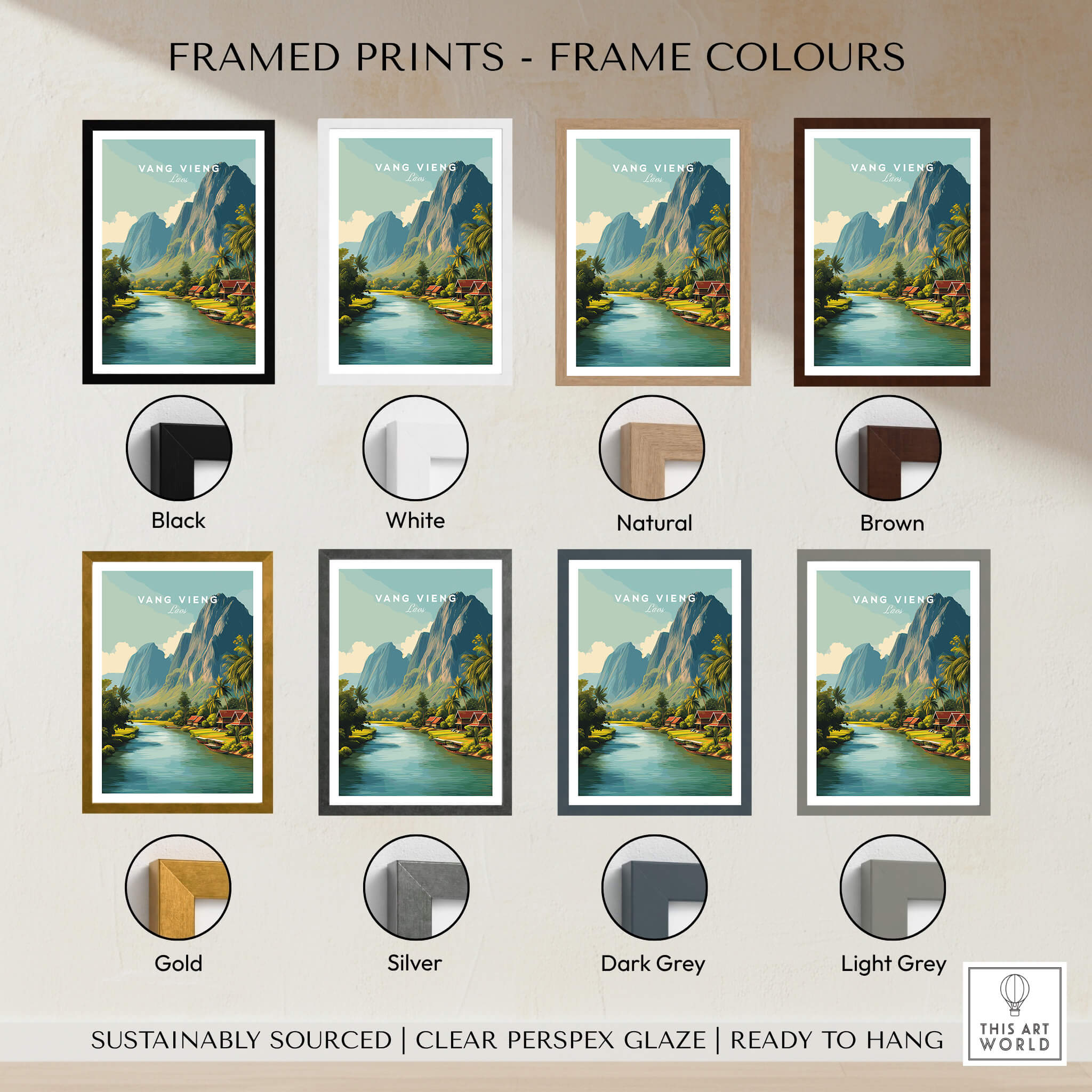 Vang Vieng Laos Wall Art Print | Tropical River Valley Travel Poster framed in various colors including black, white, and gold.