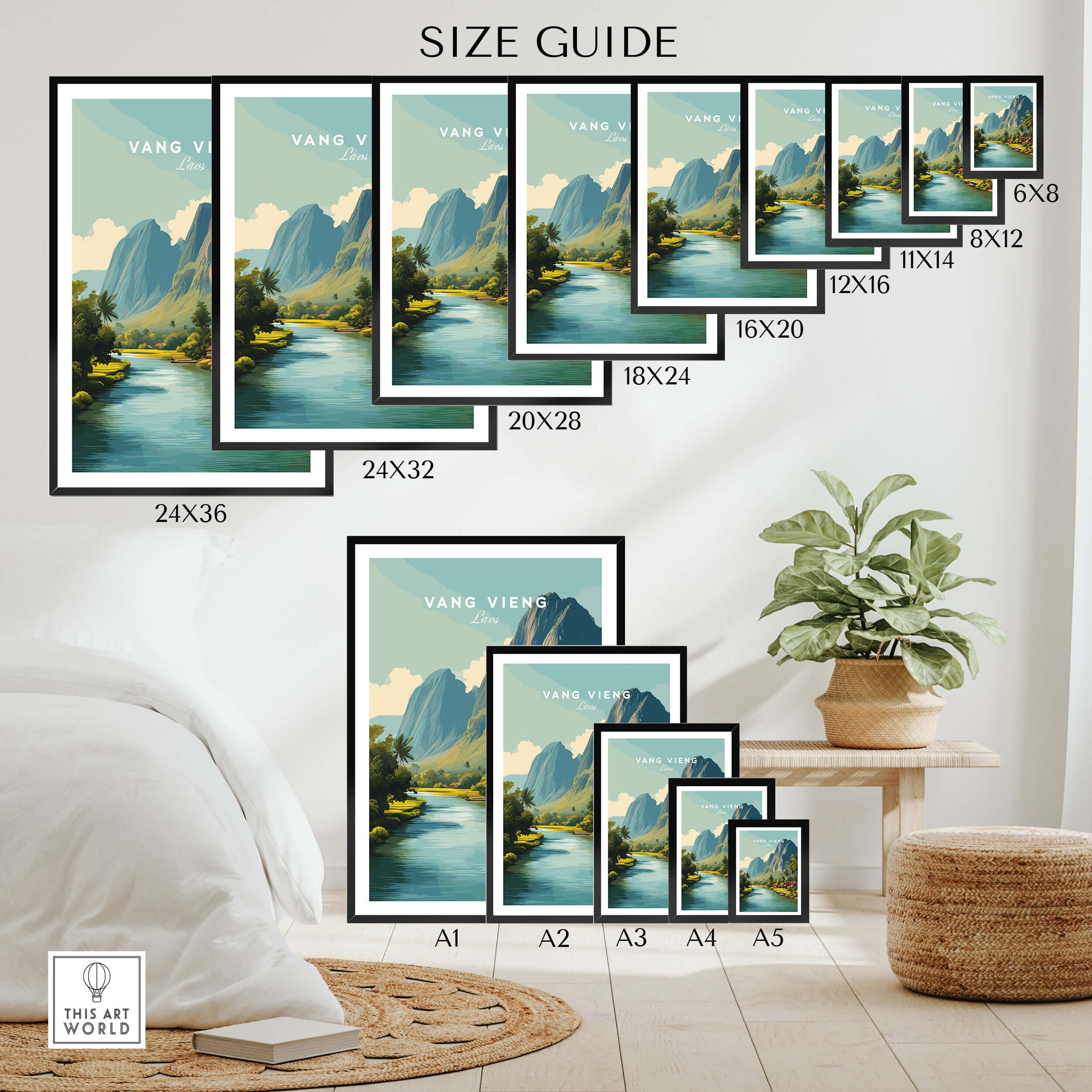 Vang Vieng Laos Wall Art Print | Tropical River Valley Travel Poster size guide displaying various frame sizes.