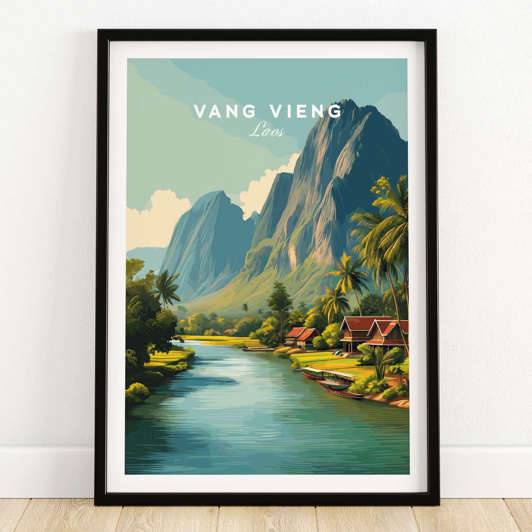 Vang Vieng Laos Wall Art Print | Tropical River Valley Travel Poster featuring lush landscapes and mountains.