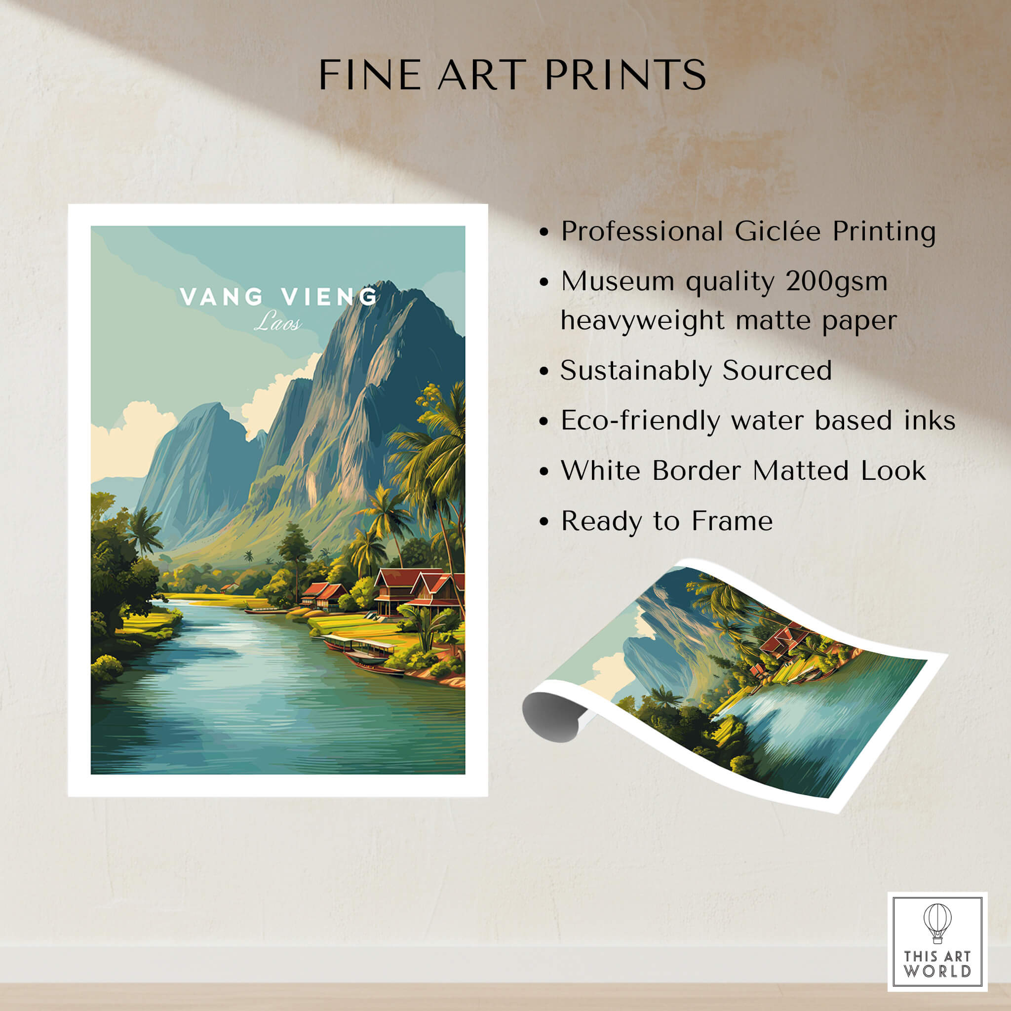 Vang Vieng Laos Wall Art Print | Tropical River Valley Travel Poster showcasing lush landscapes and winding waterways.