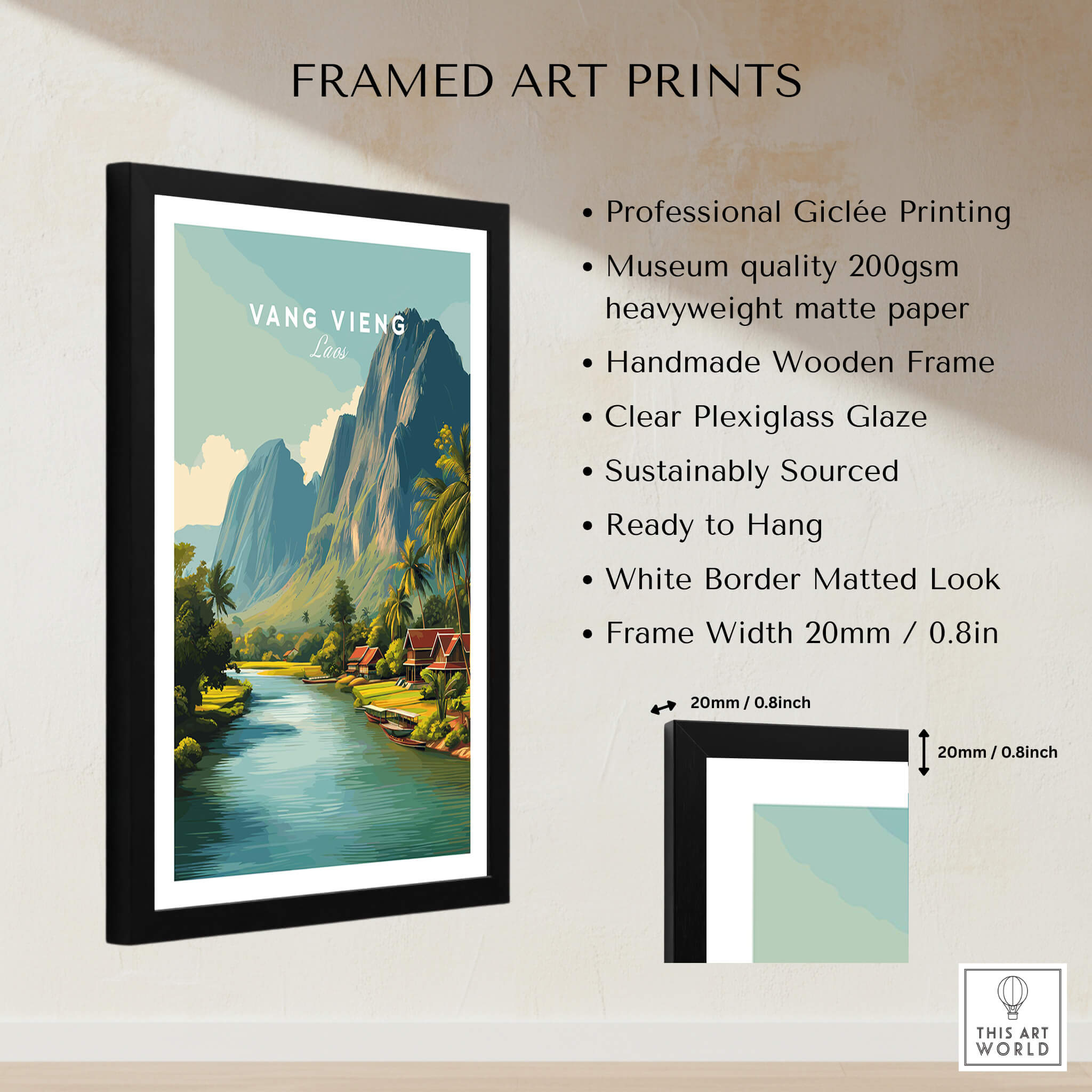 Vang Vieng Laos Wall Art Print | Tropical River Valley Travel Poster framed art print showcasing lush landscapes.