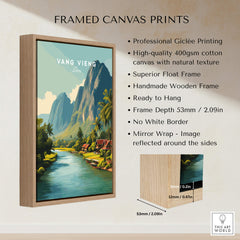 Vang Vieng Laos Wall Art Print | Tropical River Valley Travel Poster displayed on a wooden frame.