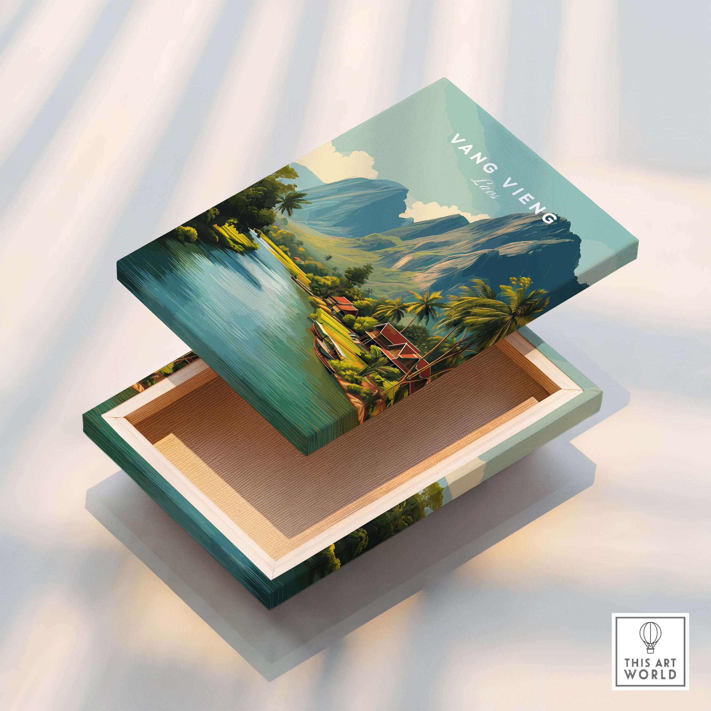 Vang Vieng Laos Wall Art Print | Tropical River Valley Travel Poster featuring a serene river landscape.