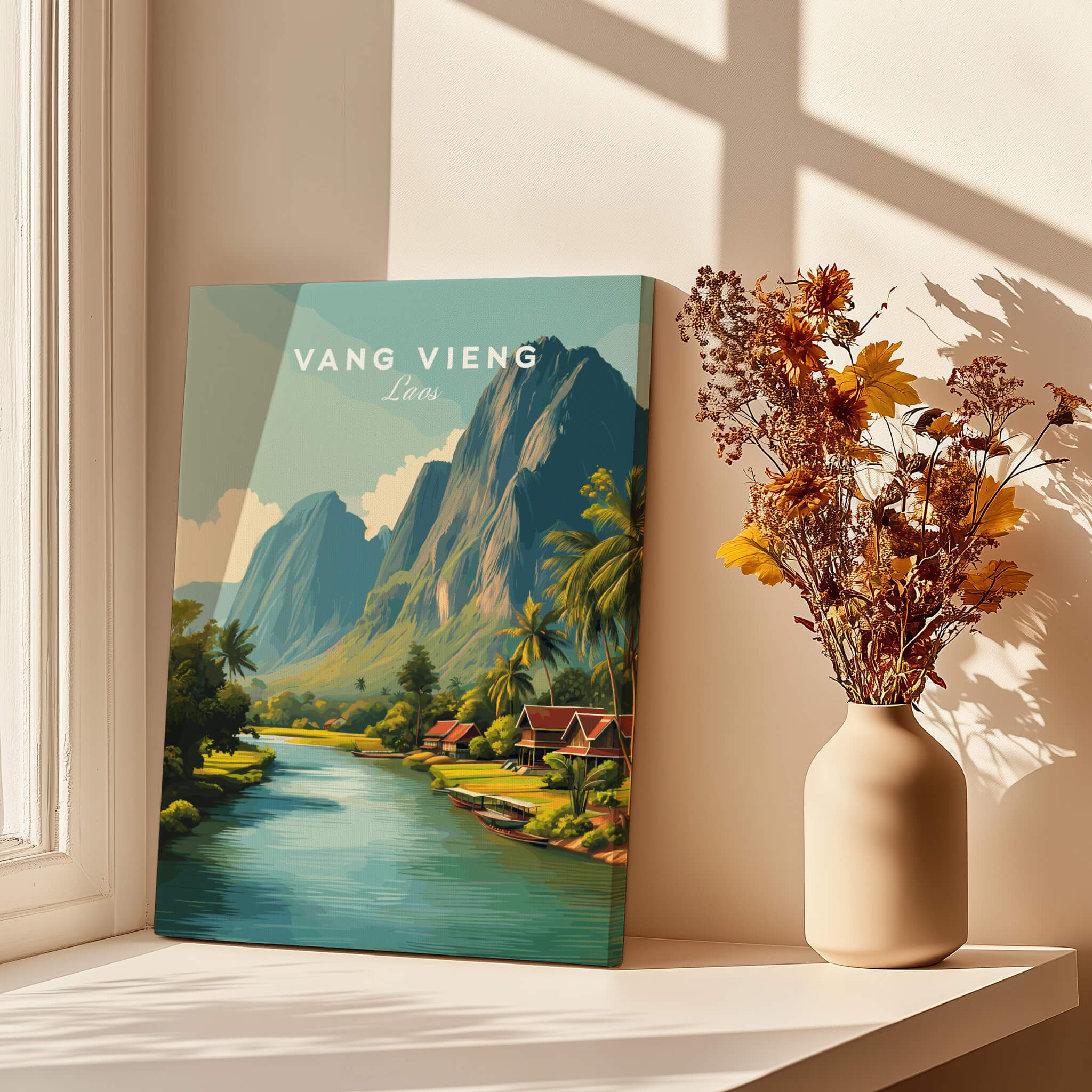 Vang Vieng Laos Wall Art Print | Tropical River Valley Travel Poster featuring lush landscapes and scenic river.
