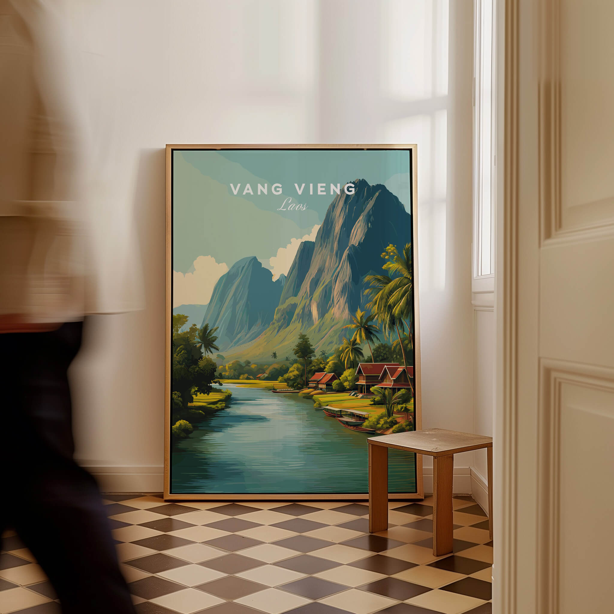 Vang Vieng Laos Wall Art Print | Tropical River Valley Travel Poster featuring lush landscapes and mountains.