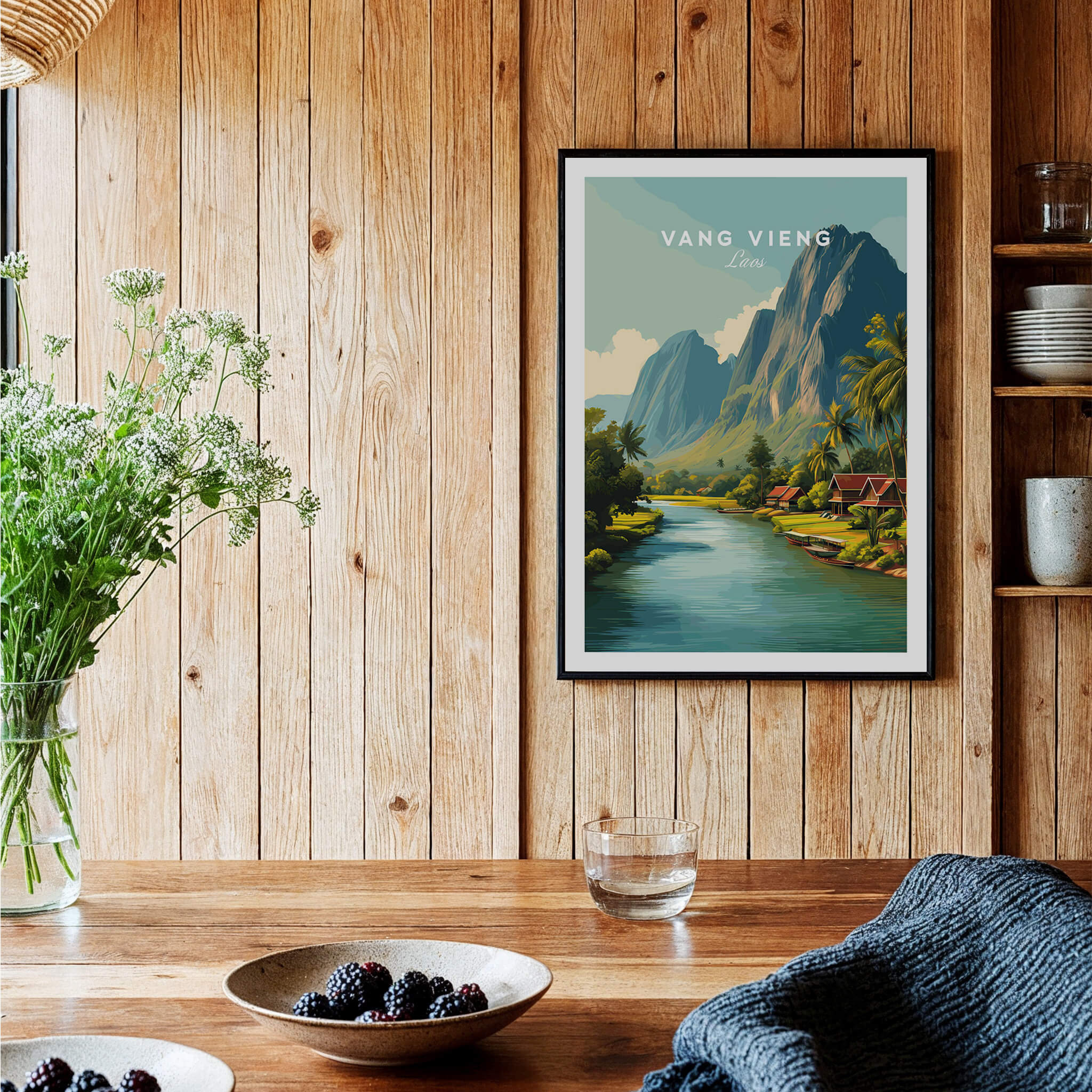 Vang Vieng Laos Wall Art Print | Tropical River Valley Travel Poster showcasing scenic river and mountains.